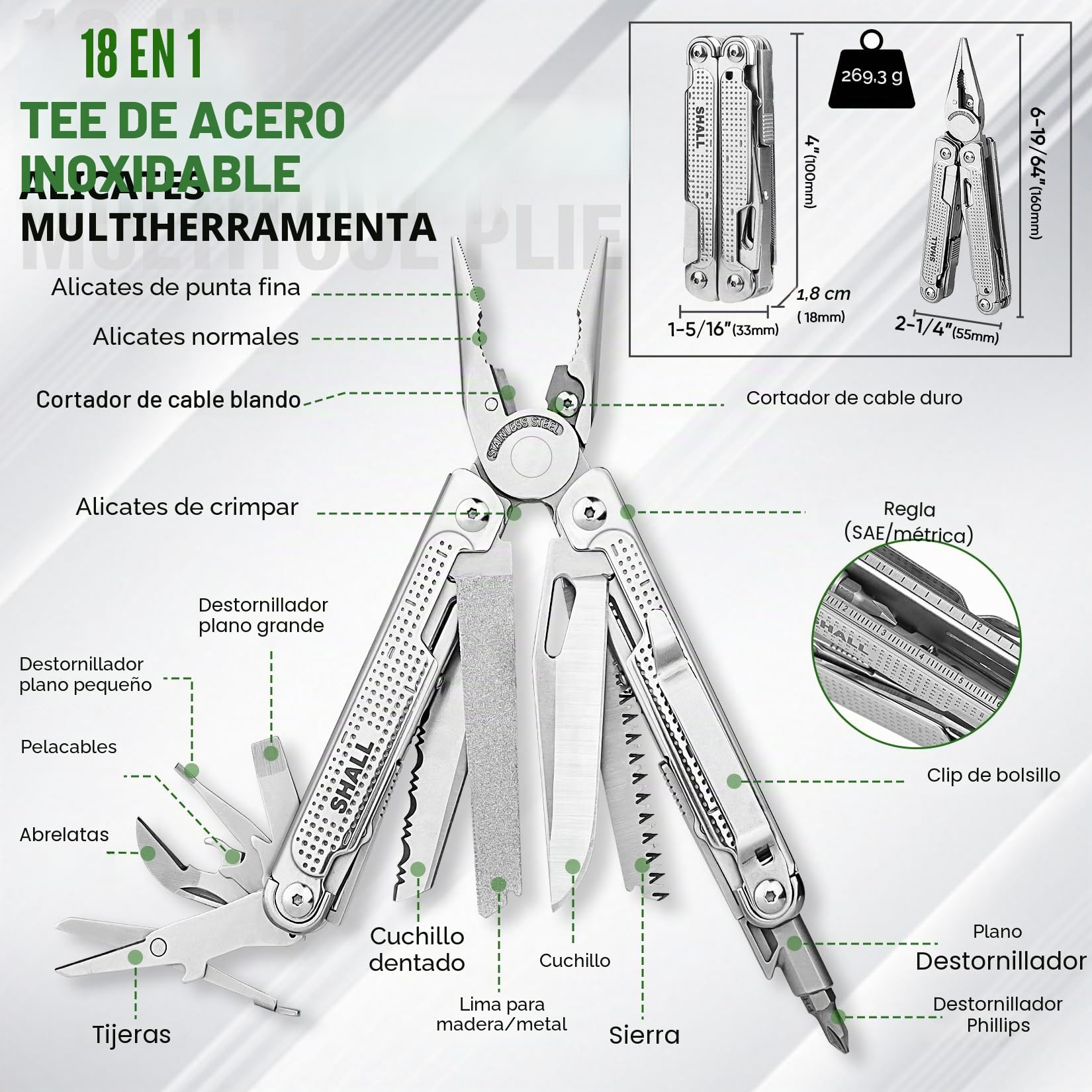 SHALL Herramienta multiusos, alicates multiherramienta 18 en 1 con punta de destornillador y enchufe universal, adecuados para acampar, pescar, sobrevivir en la naturaleza y cazar.