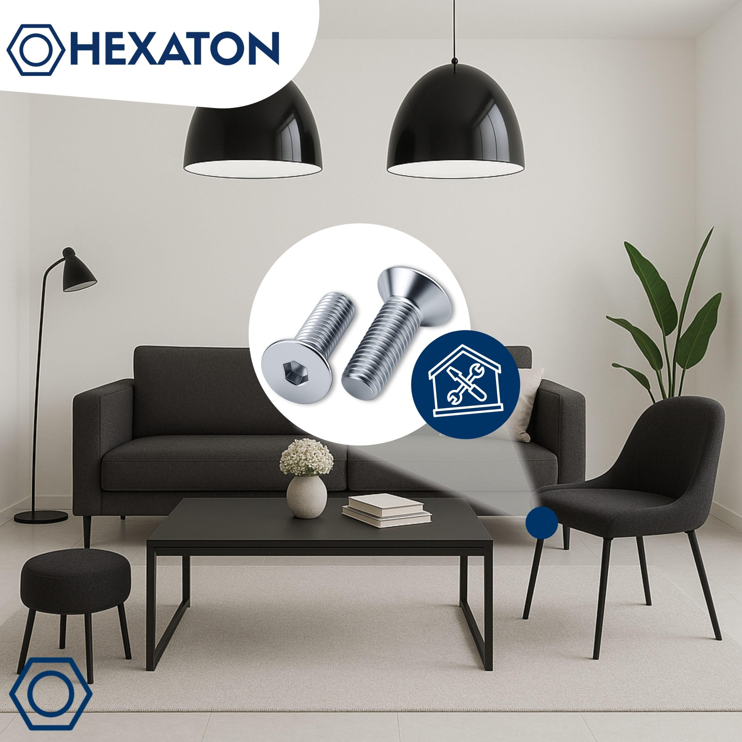 HEXATON Tornillos Avellanados - M6 x 18 mm - 100 Piezas - Cabeza Plana y Hexágono Interior - Rosca Métrica Completa - Acero Galvanizado