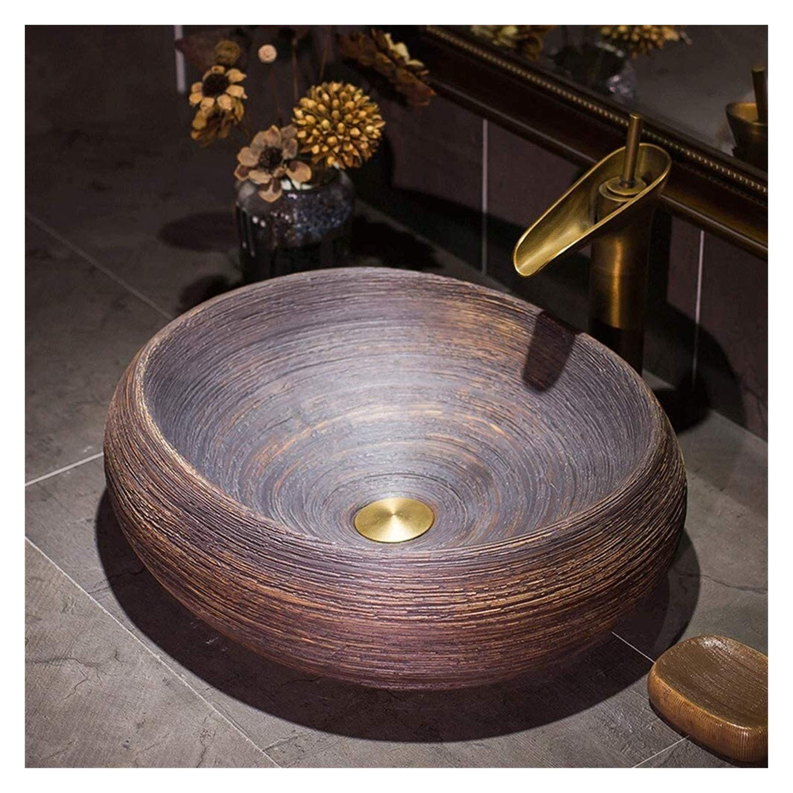 WOTZOV Vessel Sink Hotel Art Sink For Outdoor Bistro-Porcelain American Vintage Style Above Counter Vessel Vanity Sink Wash Basin For Lavatory Hotel,Brown,19 Inch,