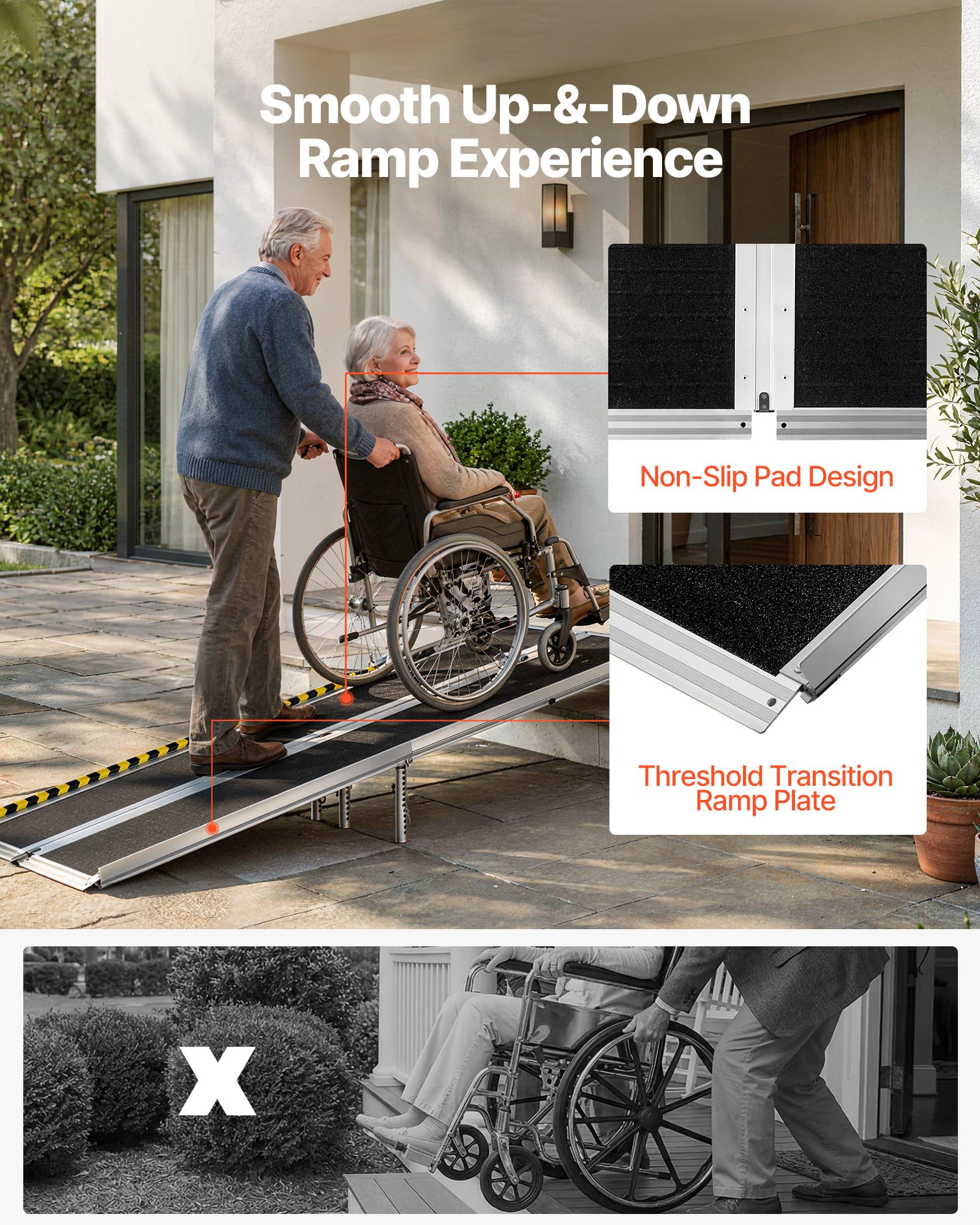 VEVOR Rampa Pieghevole per Sedie a Rotelle, 244 cm, Rampa Portatile in Alluminio Resistente, Superficie Antiscivolo, Portata Massima 363 kg, per Gradini, Scale, Ingressi, Porte, Soglie, Scooter
