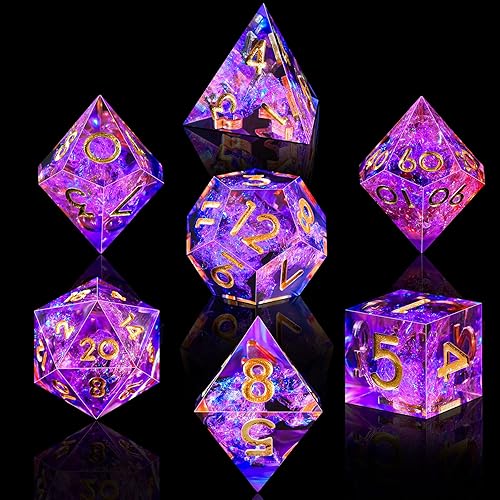 Miniatura 3 de AUSTOR Juego de dados DND de 7 troqueles hechos a mano con borde afilado para juegos de mesa MTG de mazmorras y dragones (melocotón y azul)