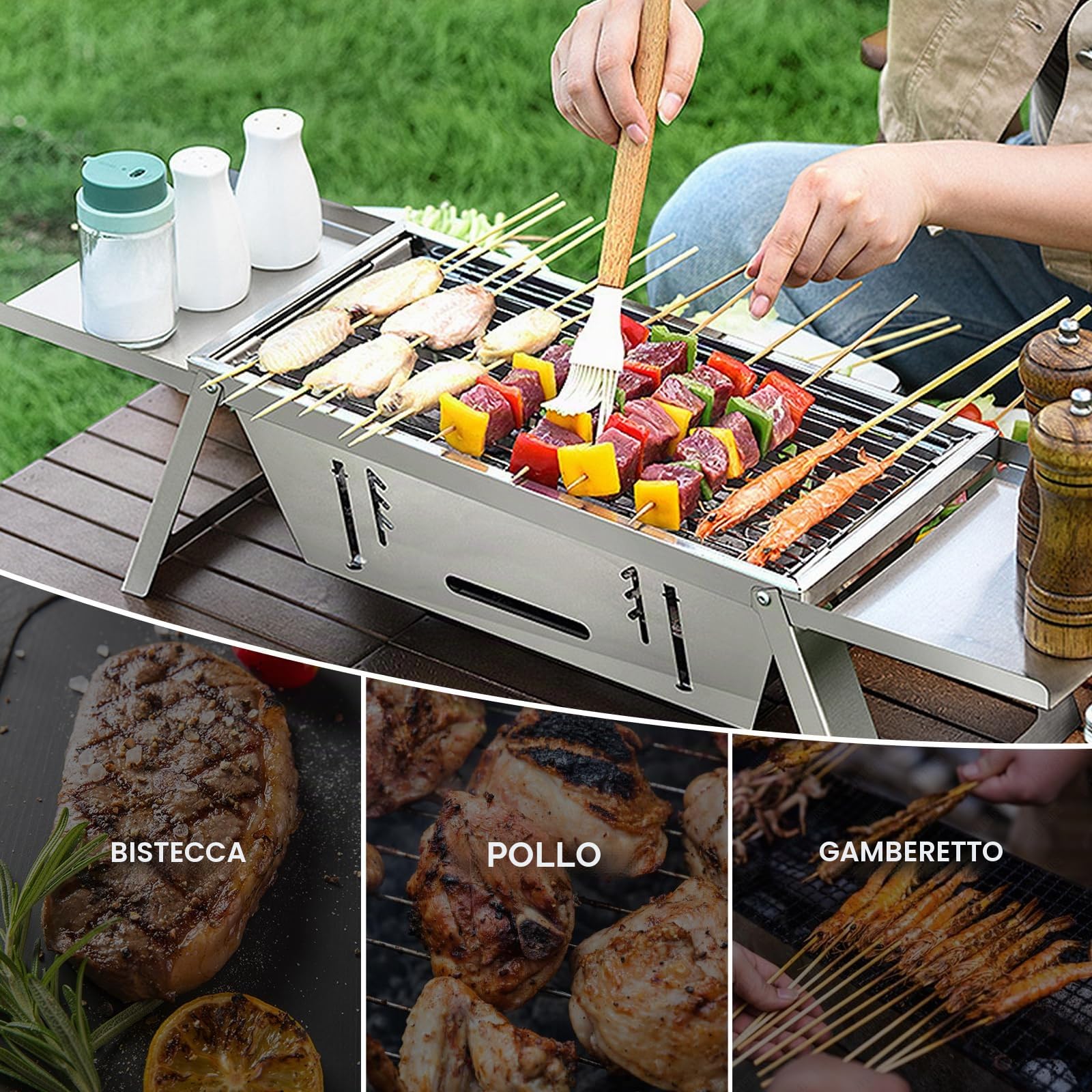 Griglia portatile a carbonella pieghevole, piccola griglia per barbecue, leggera, in acciaio inox, con borsa per il trasporto, per esterni, campeggio, cucina, picnic, patio, viaggi, 43 x 22,8