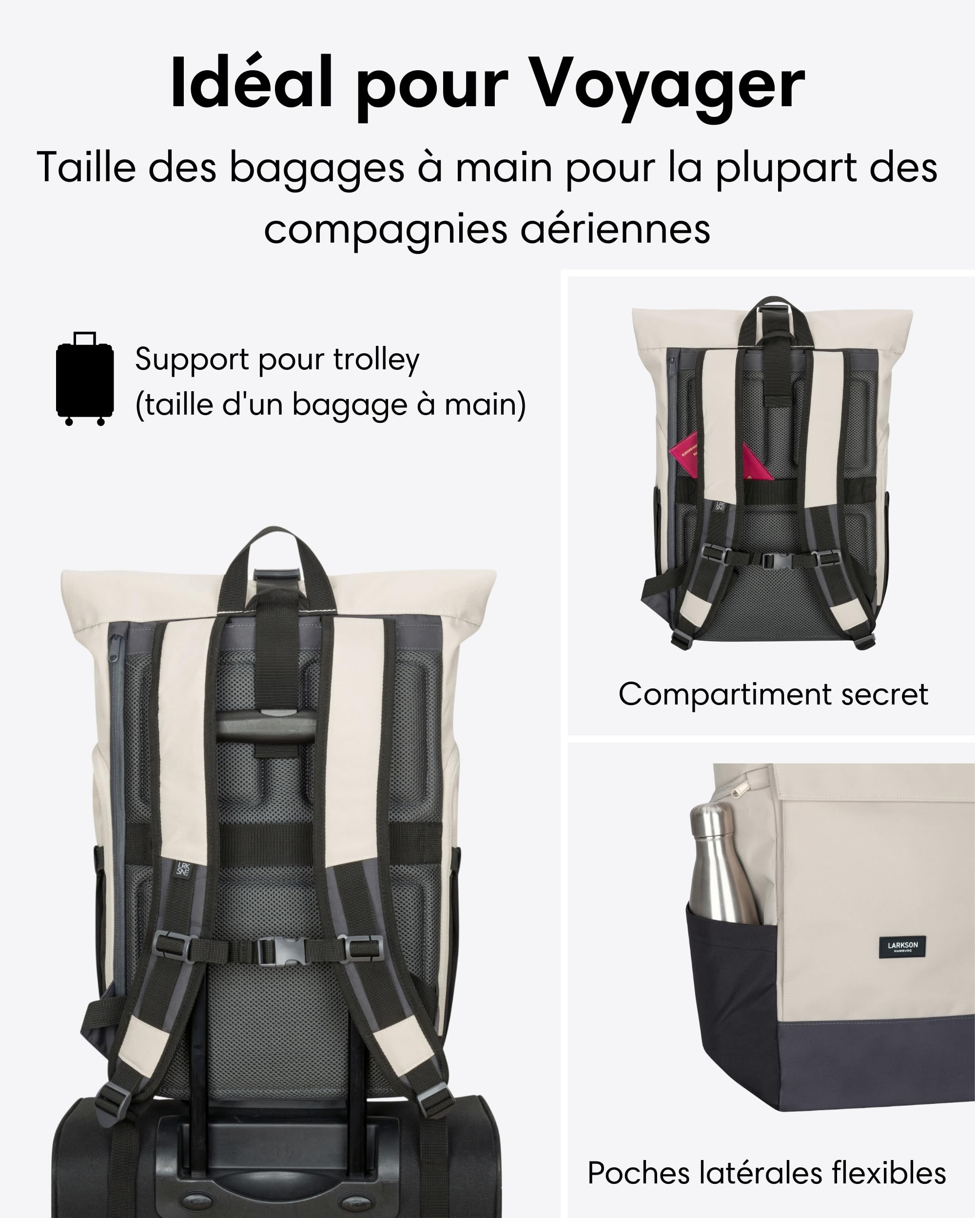 LARKSON Sac à Dos Femme Homme Beige Gris - No 4 Large - Sac à Dos De Voyage Grand Format - Backpack Avec Compartiment Pour Ordinateur Portable 16 Pouces - Hydrofuge