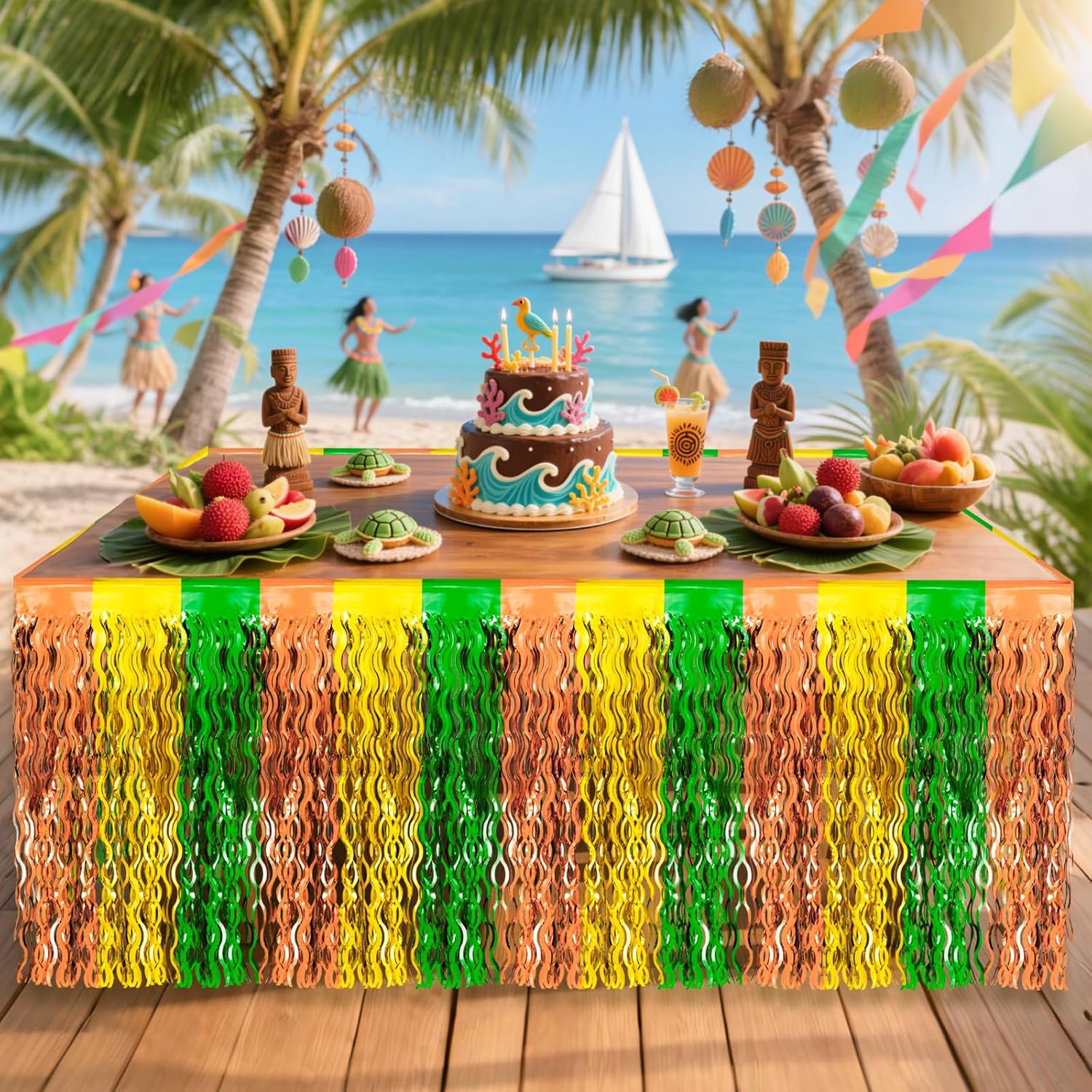 ハワイアンルアウビーチパーティーデコレーション、4パックウェービーグリーンブラウンイエローフリンジテーブルスカート、3&times;9フィートメ
