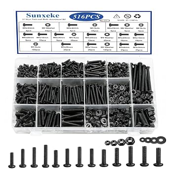 516Pcs Nuts and Bolts Assortment Kit, 21 Sizes M3 M4 M5 M6 Assorted Phillips Pan Head Nuts Bolts and Washers kit for Furniture Assembly, Automotive, Machinery DIY Repair Projects Black