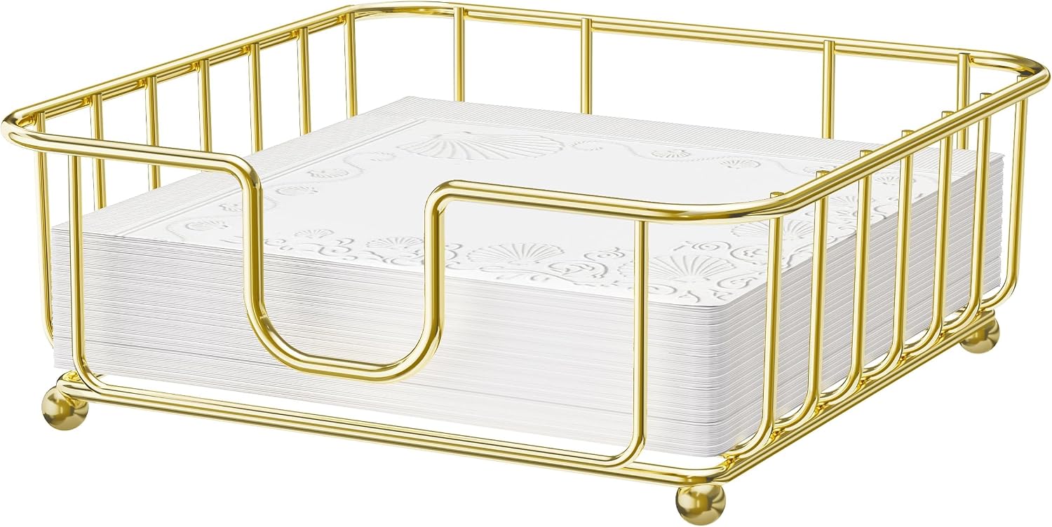 Napkin Holder for Table, Napkin Holders for Paper Napkins, GMFINE Flat Metal Gold Napkin Dispenser for Kitchen & Dining Table Countertops, 6.9" x 6.9" x 2.2" Inside Size
