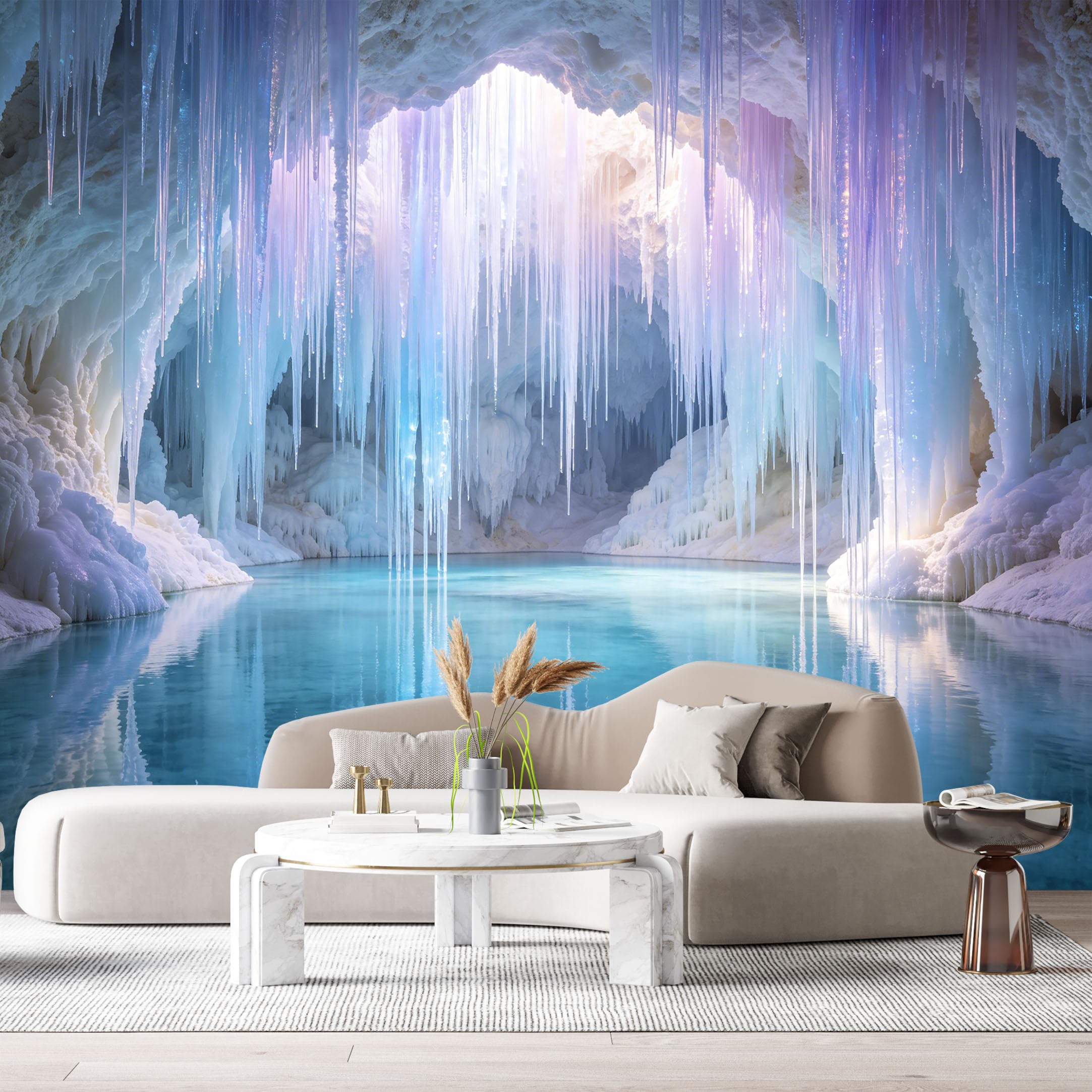 Custom Size Wall Murals Ice Cave Landscape 3D Trompe Loeil Frozen Stalactites Turquoise Water Reflection SelfAdhesive Wall Fabric Removable Large Wallpaper for Living Room