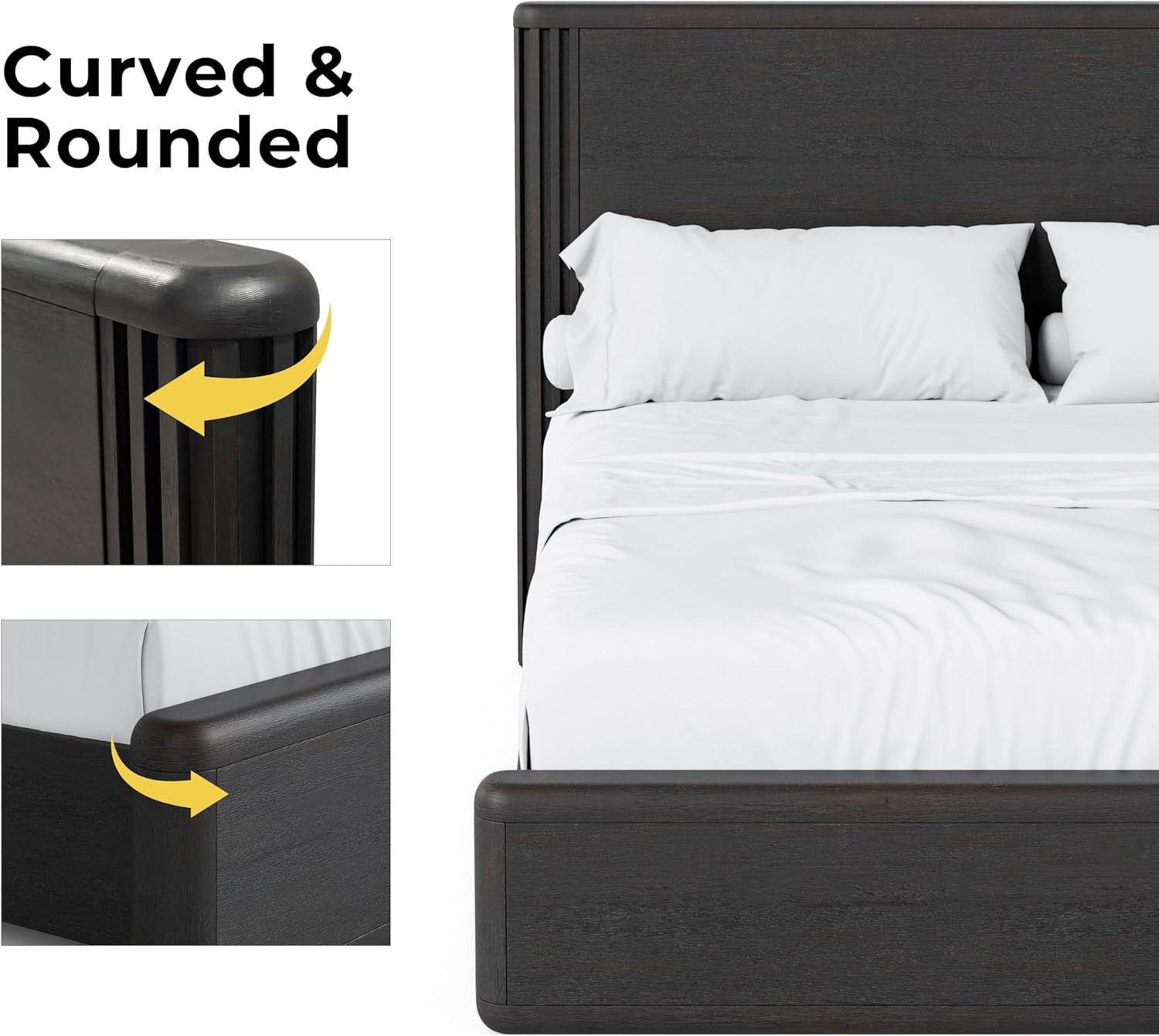 Furniture of America Elizea Modern Contemporary Solid Wood Queen Bed with Panel Headboard, Rounded Edges, Box Spring Needed for Bedroom, Guest Room, Black