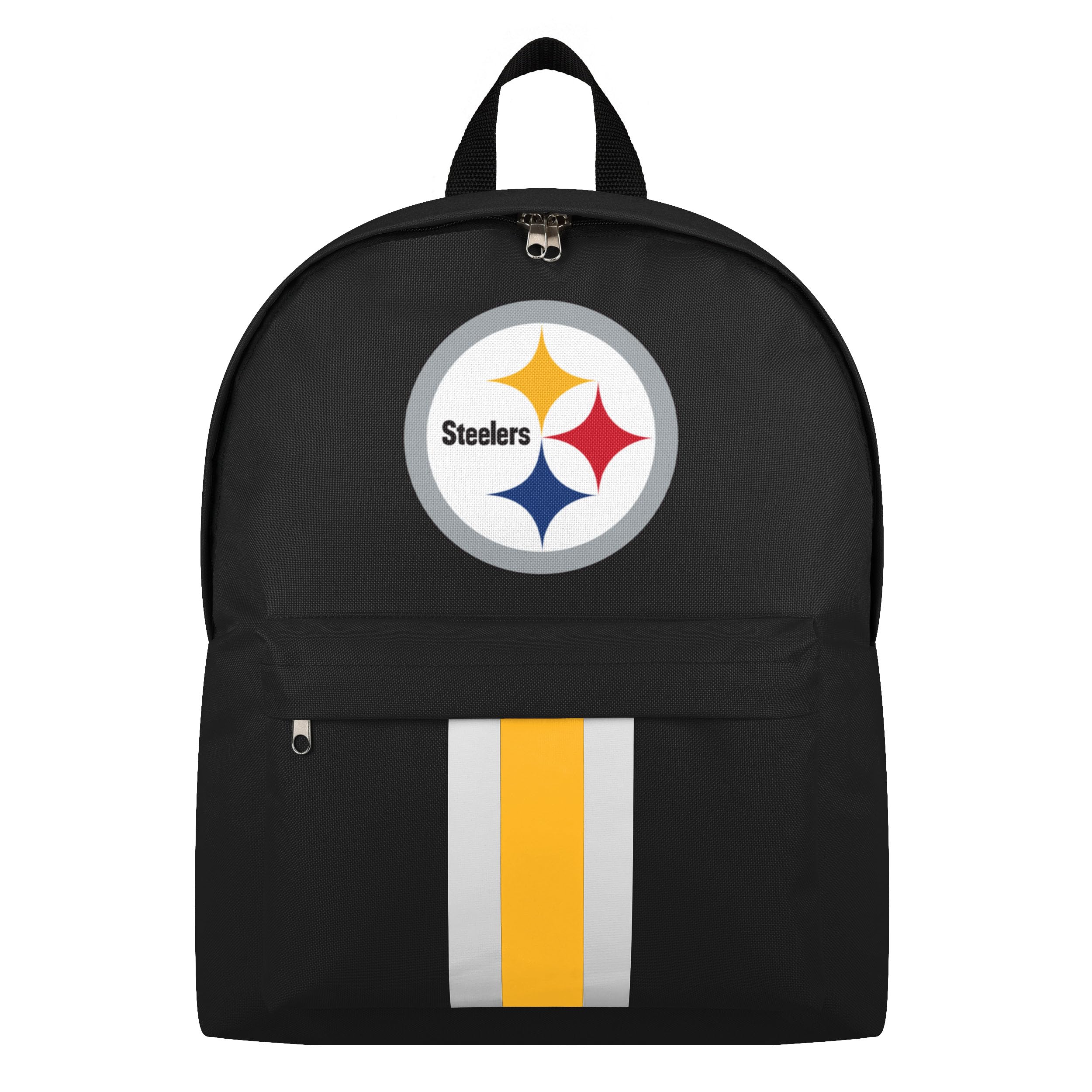FOCO NFL Officially Licensed Team Color Primary Logo Solid Stripe Football School Bag Travel Backpack - Pittsburgh Steelers - Black