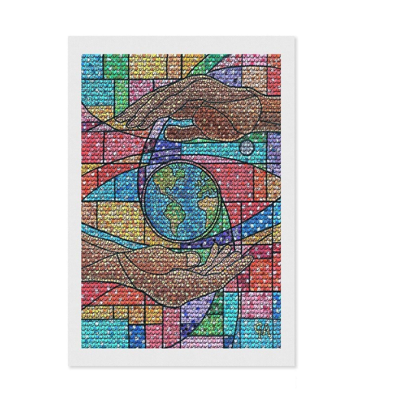 Junmoney A World Between His Hands DIY Diamond Art Canvas Kit 8"x12", Fun Craft Experience, Good for Quiet Evenings, Cosy Home Accent, Gift Idea