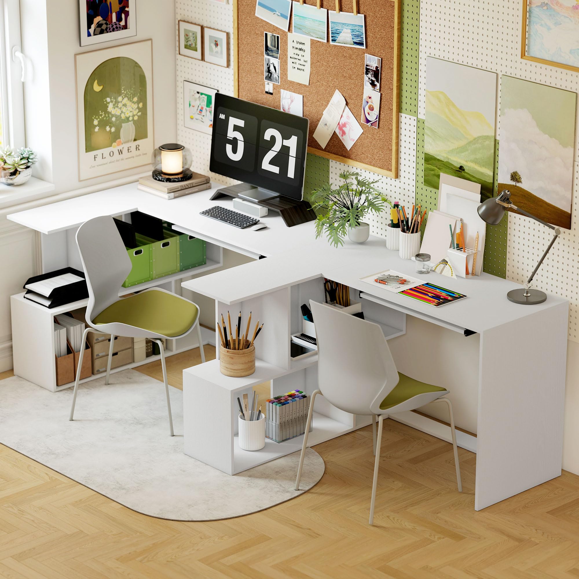 HOMCOM Scrivania Angolare, 120x100cm Scrivania ad Angolo con Ripiano Scorrevole per Tastiera e 4 Ripiani Portaoggetti, Tavolo Salvaspazio ad L per Computer, Ufficio, Studio, Camera da Letto, Bianco