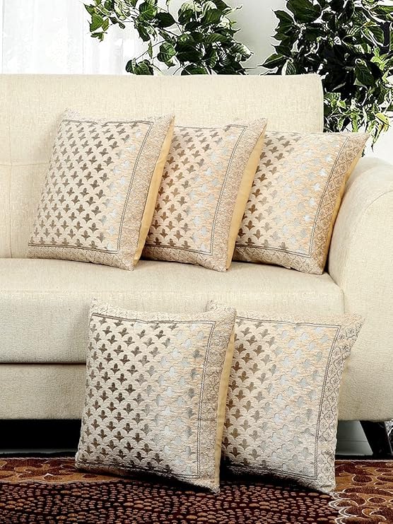 DECOMIZER Jacquard Geomteric Cushion Covers 16 inch x 16 inch Set of 5 Ethnic Motifs Cushion Covers,Design- Star,Color- Beige