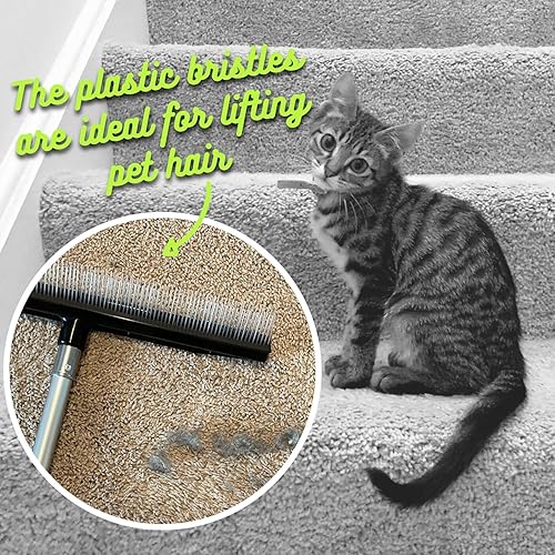 Miniatura 4 de Rastrillo de alfombra para habitación con mango ajustable telescópico de 54 pulgadas y herramienta de cepillo portátil para quitar pelusas, cepillo