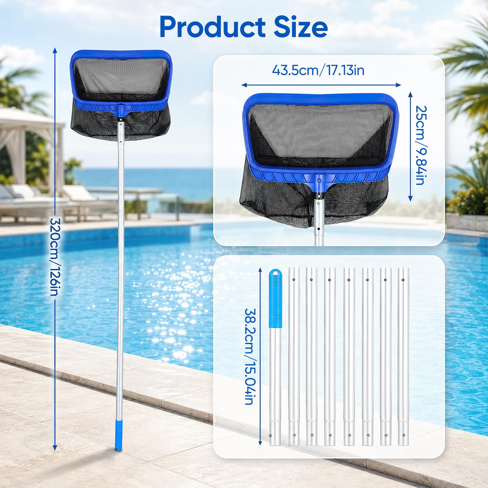 Red de piscina con barra telescópica de 320 cm, red fina para estanque, red de 43,5 cm de profundidad, red de suelo, recogehojas para algas para piscina, estanque, jacuzzi, spa