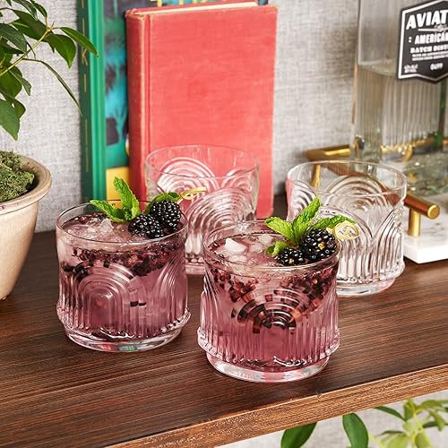 Miniatura 5 de Viski Beau - Juego de 4 vasos bajos sin tallo, vasos de cristal vintage para whisky, estilo antiguo, escocés y bourbon, diseño de arco de copas de