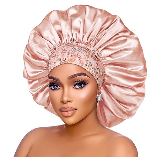 Miniatura 9 de Gorro de satén de seda 2 gorros de satén extra grandes de 17 pulgadas de diámetro con cómoda banda de flores, gorros de satén de alta densidad para