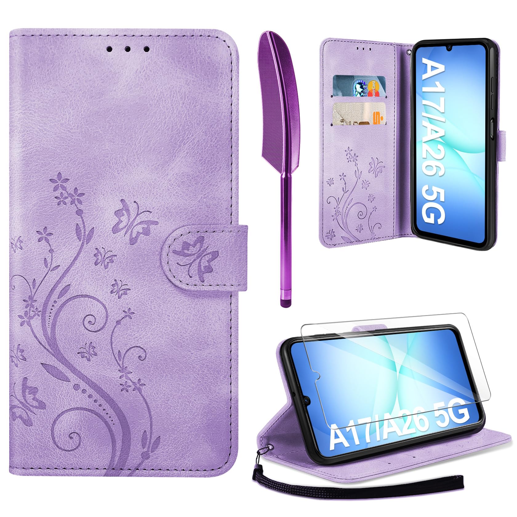 AROYI Lederhülle Kompatibel mit Samsung Galaxy A17 5G/A26 5G Hülle und Schutzfolie, Flip Wallet Handyhülle PU Leder Case Schutzhülle Kompatibel mit Samsung Galaxy A17 5G/A26 5G Hellweiß Violett