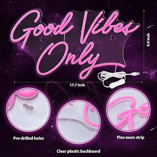 Miniatura 3 de Kavaas Letreros de neón con texto en inglés Good Vibes Only para decoración de pared, de 17.7 x 9.9 pulgadas, letrero LED rosa con texto en inglés