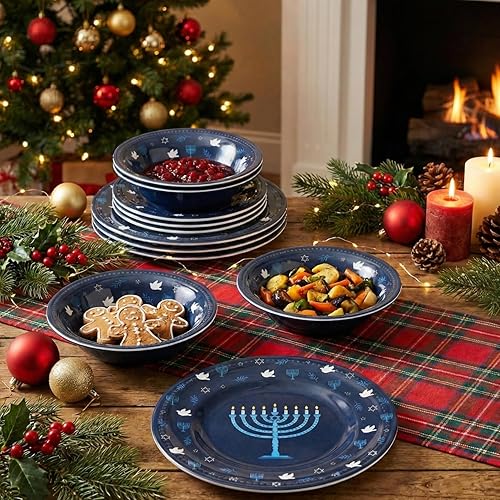 Miniatura 5 de UP ware Hanukkah - Juego de platos llanos de melamina, platos redondos con borde de cuentas para plato principal, pasta y ensalada, sin BPA, aptos