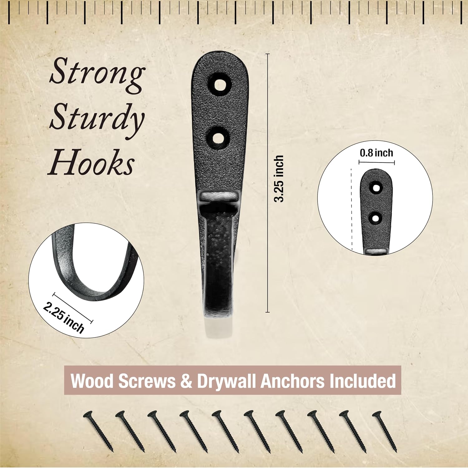 Cast Iron Wall Hooks (5 Pack) Handmade Blacksmith - Wall Mounted J Hooks - Farmhouse Decorative - Vintage Hooks for Hanging Coats, Bags or Pots in Pantry (Black) - Image 4