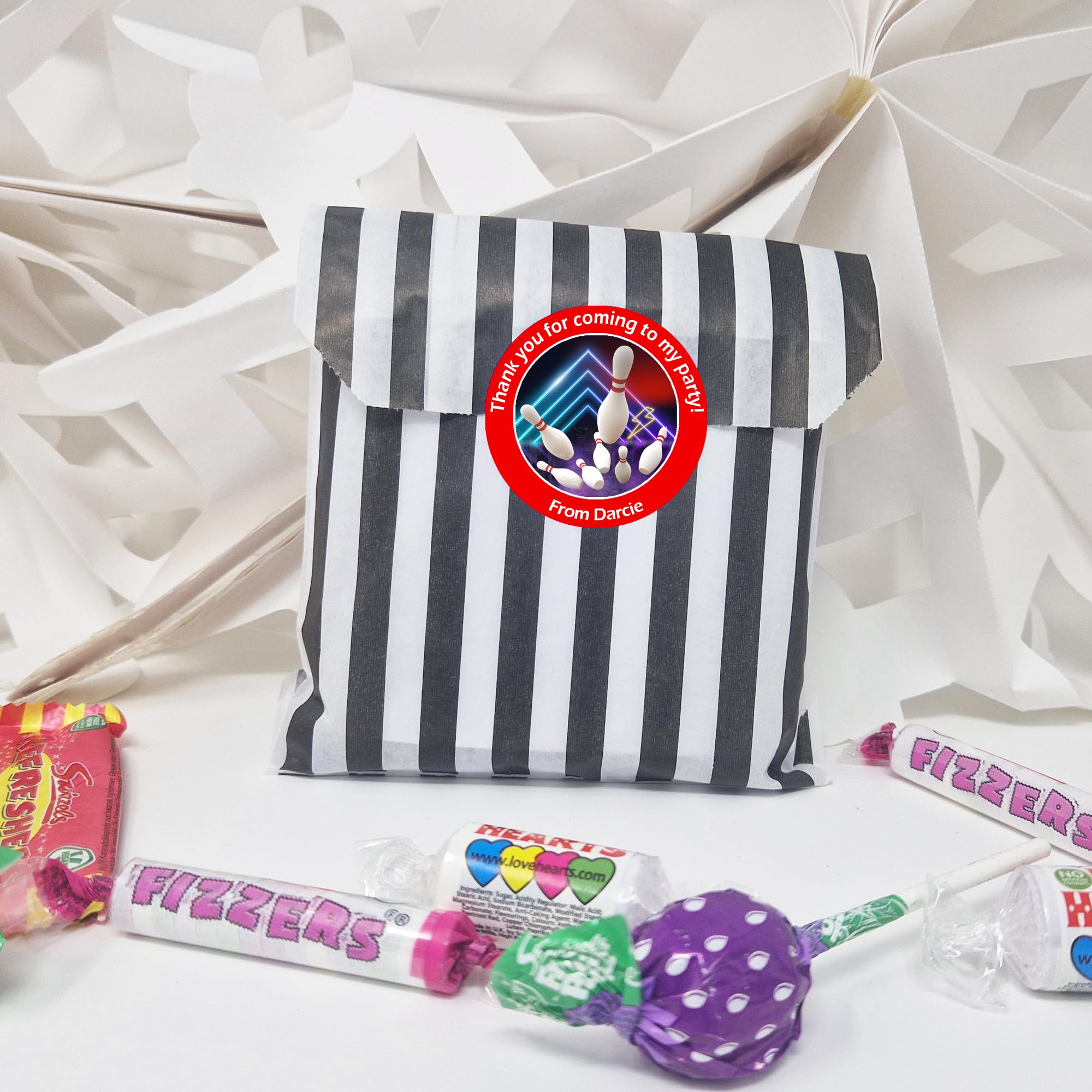 Treasured Forever Limited Red 24 Personalised Bowling Party Stickers – Thank You Labels For Sweet Cones & Favour Bags - Stickers & Empty Striped Bags