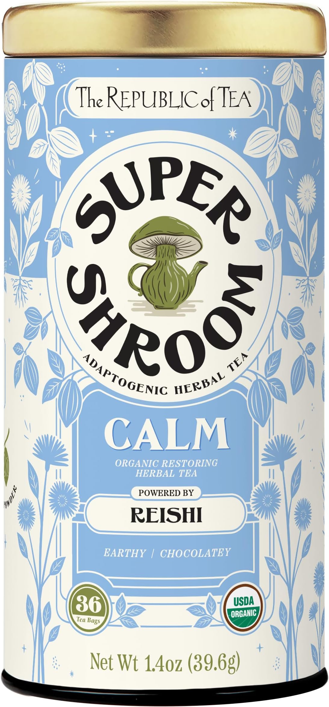 SuperShroom Calm Reishi Herbal Tea, Organic Rooibos, Cocoa and Dandelion Root Blend, Low Caffeine, Unbleached Tea Bags in Reusable Tin, 36 Count