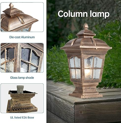 Miniatura 6 de Luces de columna al aire libre, lámpara de pilar de aluminio antioxidante impermeable E26, accesorios de luz de poste de vidrio, garaje, pabellón,