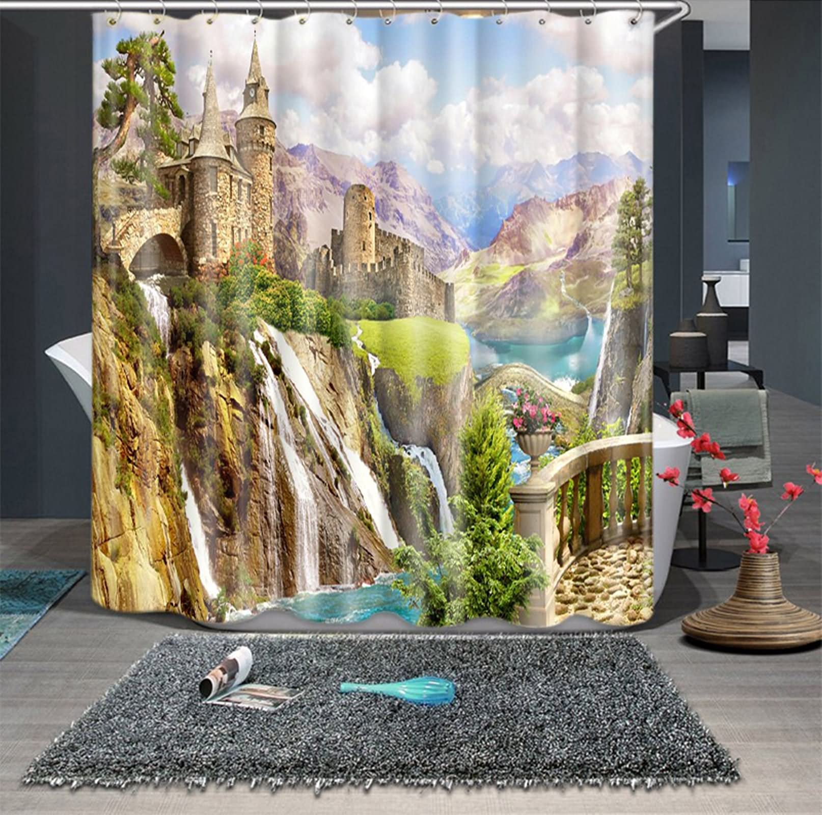 Rideau de douche château montagne marron vert KnSam 165x180 cm en polyester 120g
