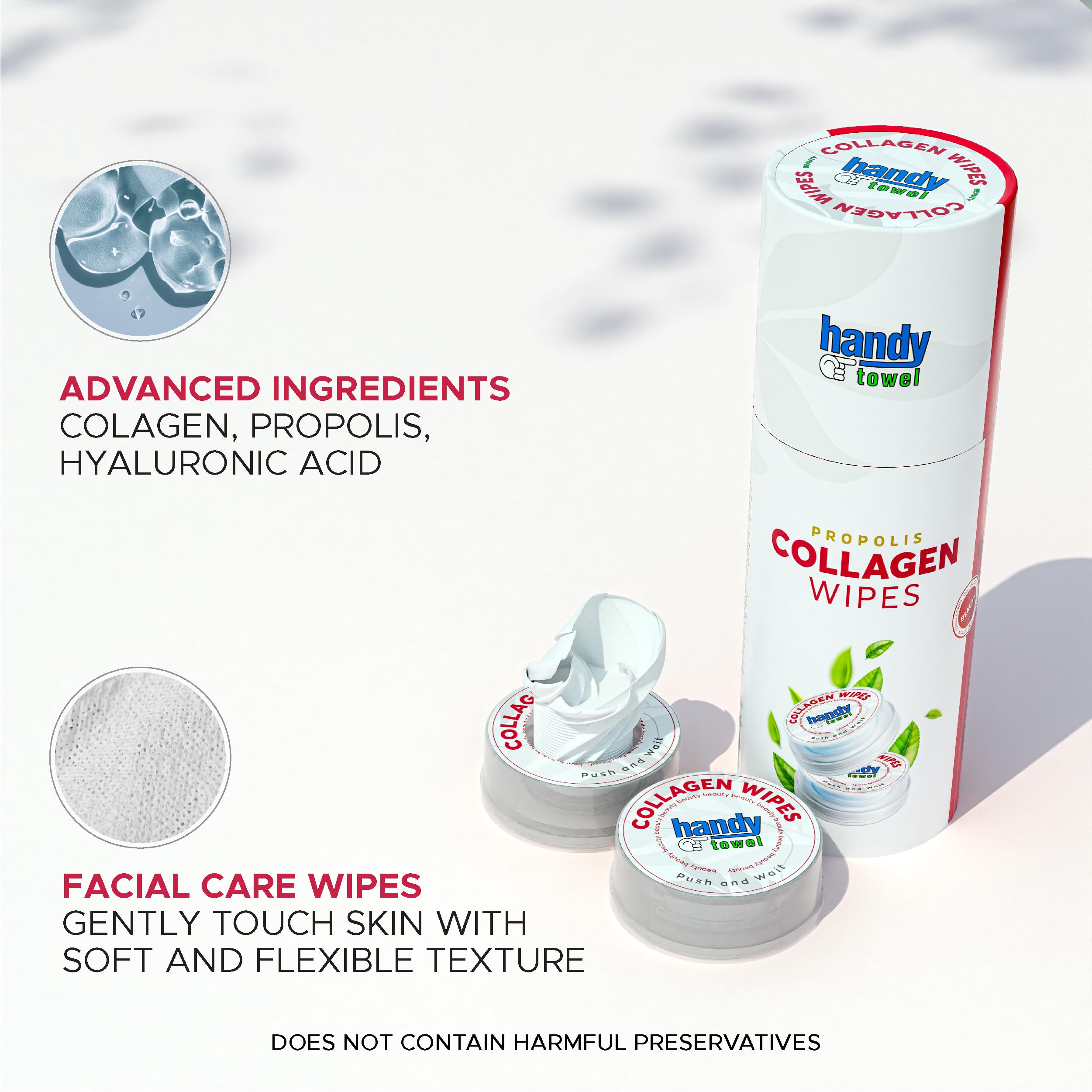 Handy Towel Skin Care Wipes (Collagen Facial Care Wipes, Travel Size), 1 count (Pack of 8) - Image 3
