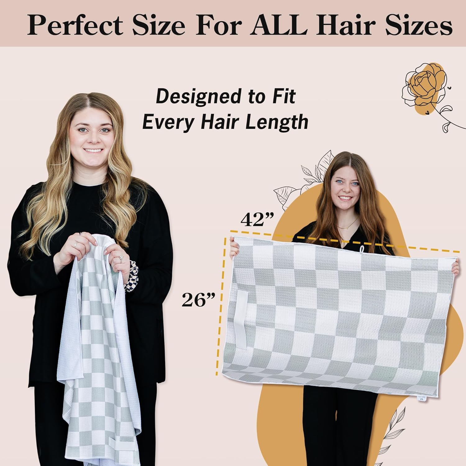 Microfiber Hair Towel Wrap for Women – Quick Dry Anti-Frizz Hair Drying Towel for Long, Curly & Thick Hair – Ultra-Soft Absorbent Hair Turban with Large Loop Closure – Greige Checkered - Image 3
