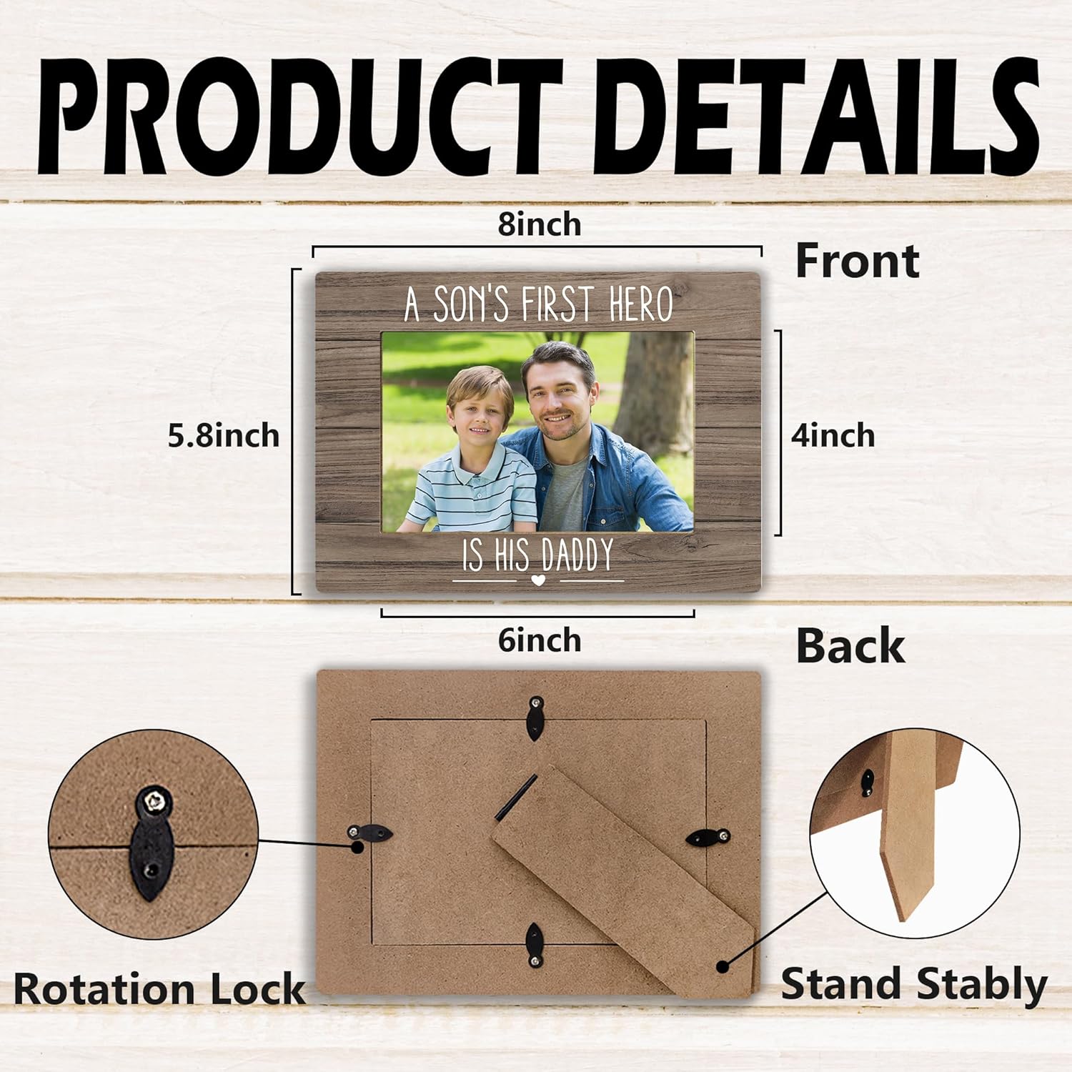 Dad Son Picture Frame, Father Gifts for Dad from Son, Thank You Appreciation Daddy Photo Frame 4x6, A Son's First Hero Is His Daddy Wooden Photo Picture Frames for Desk Tabletop Decor 050 - Image 7