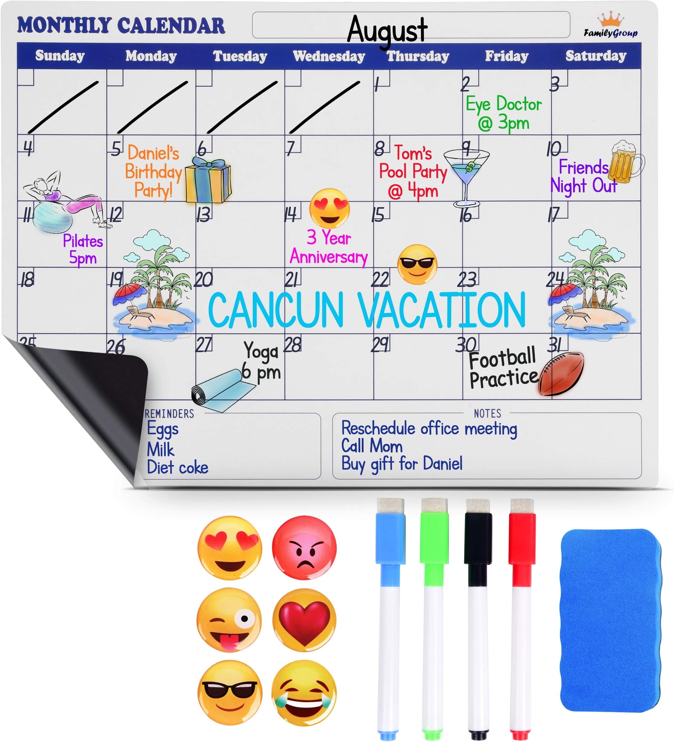 Magnetic Fridge Calendar - White Magnetic Dry Erase Board for Fridge with 6 Emoji Magnets, 4 Color Markers, Eraser, Refrigerator Calendar with Notes & Reminders For Kids And Adults (16x12)