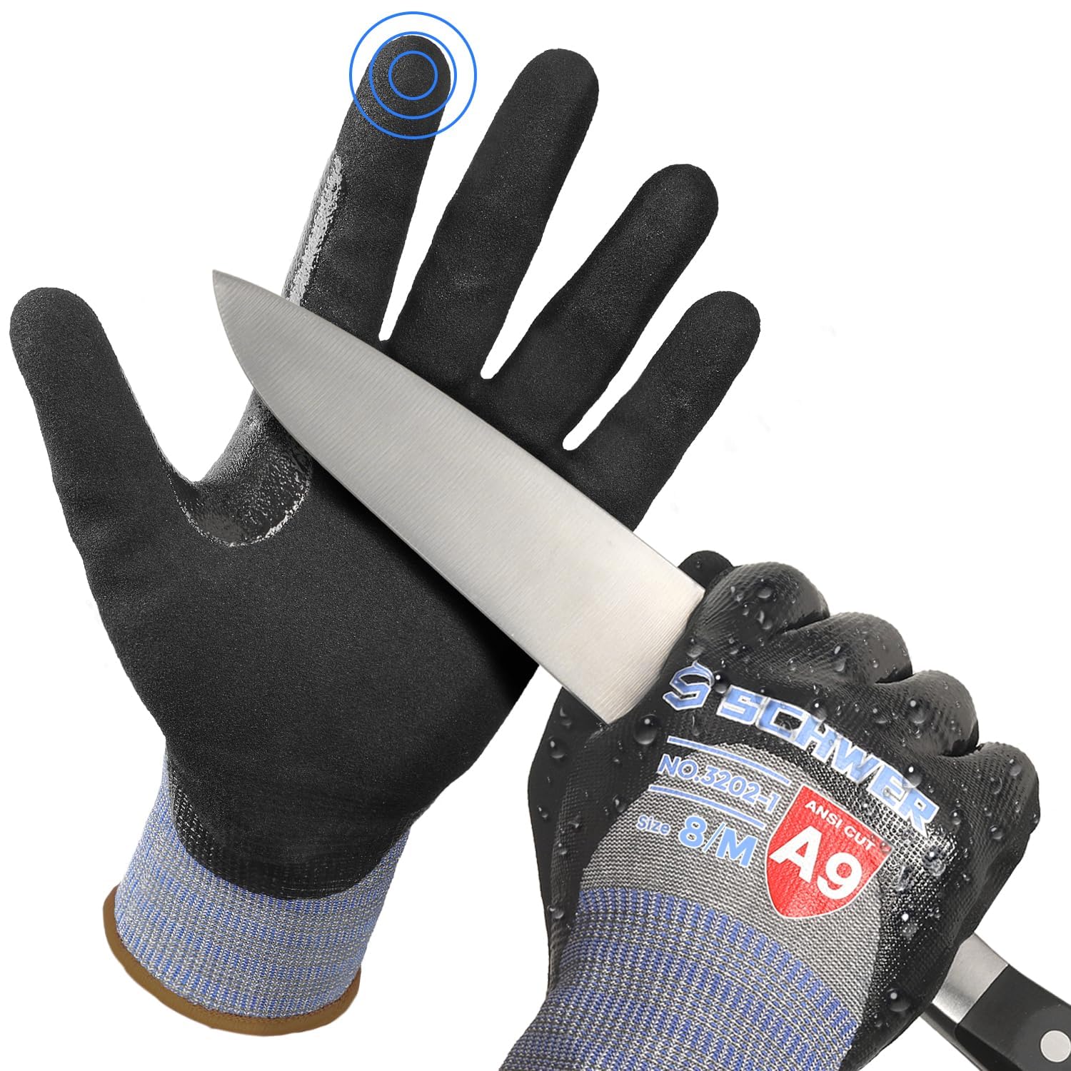 Schwer ANSI A9 Highest Level Cut/Abrasion Resistant Gloves for Heavy Duty Work, 3/4 Double Nitrile Coating for Detect Metal, Water & Oil Proof, Anti Slip, Touch Screen, Non-PFAS, PM3202, Black, M