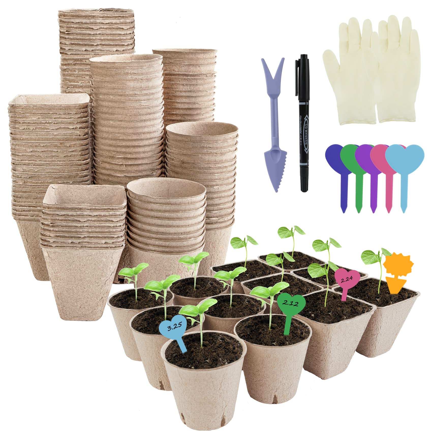 160 Pack 3.15 Inch Peat Pots Plant Starters for Seedling, Biodegradable Seed Starter Pots Kits, Garden Germination Nursery Pots with 20 Pcs Plant Labels, Sticky Traps, Transplant Tools & Rubber Gloves
