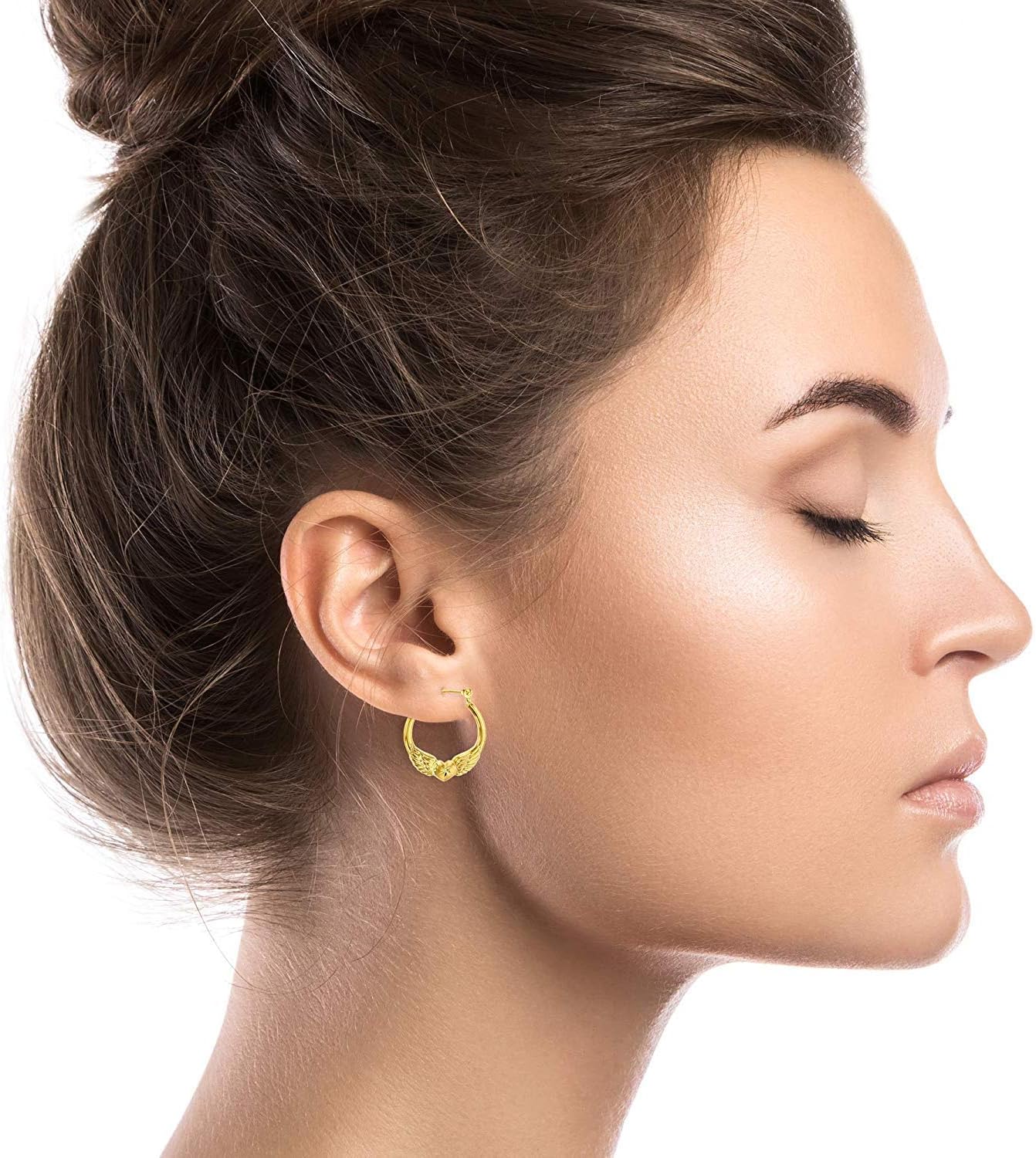 14K Yellow Gold Multiple Shapes of Hoop Earrings with Hinged Clasp | Wings & Heart, Dove and Cherub| Solid Gold Earrings for Women - Image 4