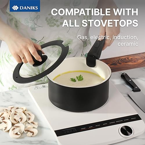 Miniatura 6 de Daniks Juego de utensilios de cocina antiadherentes de 9 piezas, ollas y sartenes de inducción de cerámica con asas de silicona desmontables, apto
