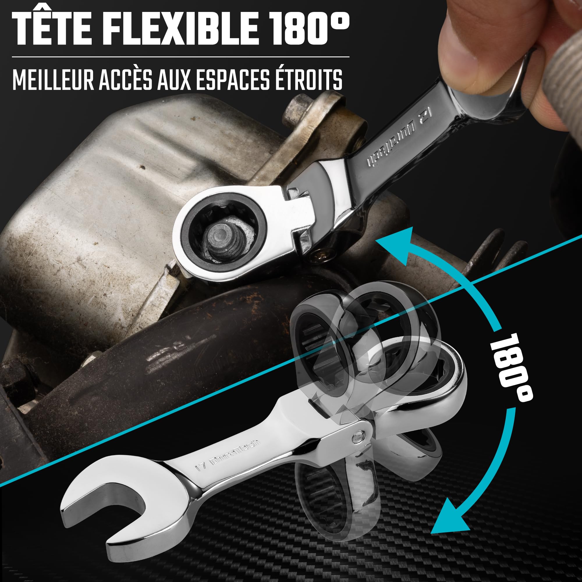 DURATECH Jeu de clés mixtes courtes à cliquet à tête flexible, 12 pièces | Tête Flexible, 8-19 mm, Cliquet, Acier Cr-V, Pochette Enroulable