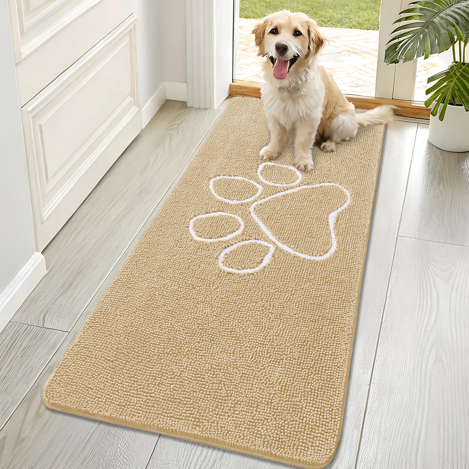 OLANLY Dog Door Mat for Muddy Paws 70x32, Paw Print Design Chenille Mud Mat