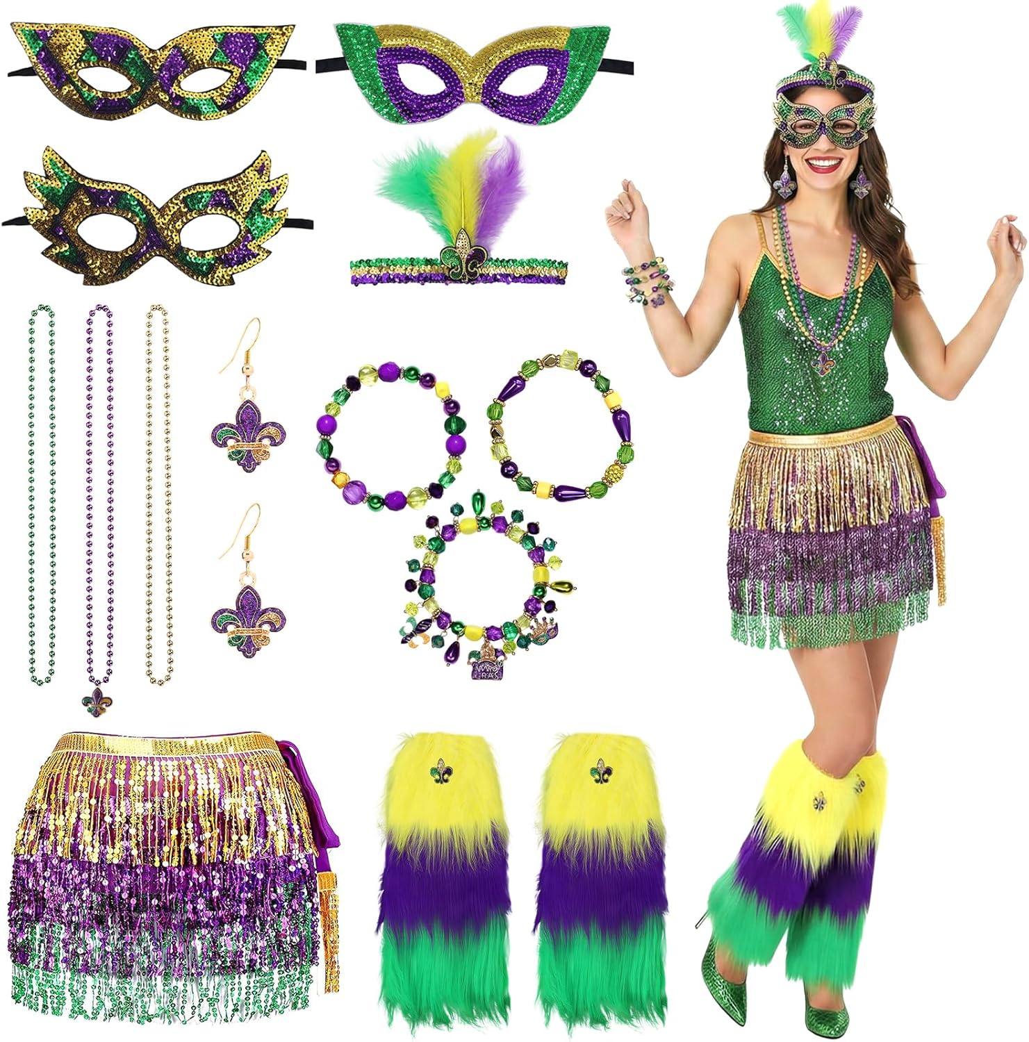 Mardi Outfit for Women, Tassel Sequins Wrap Skirt & Leg Warmers, Costume Accessories for Carnival Party