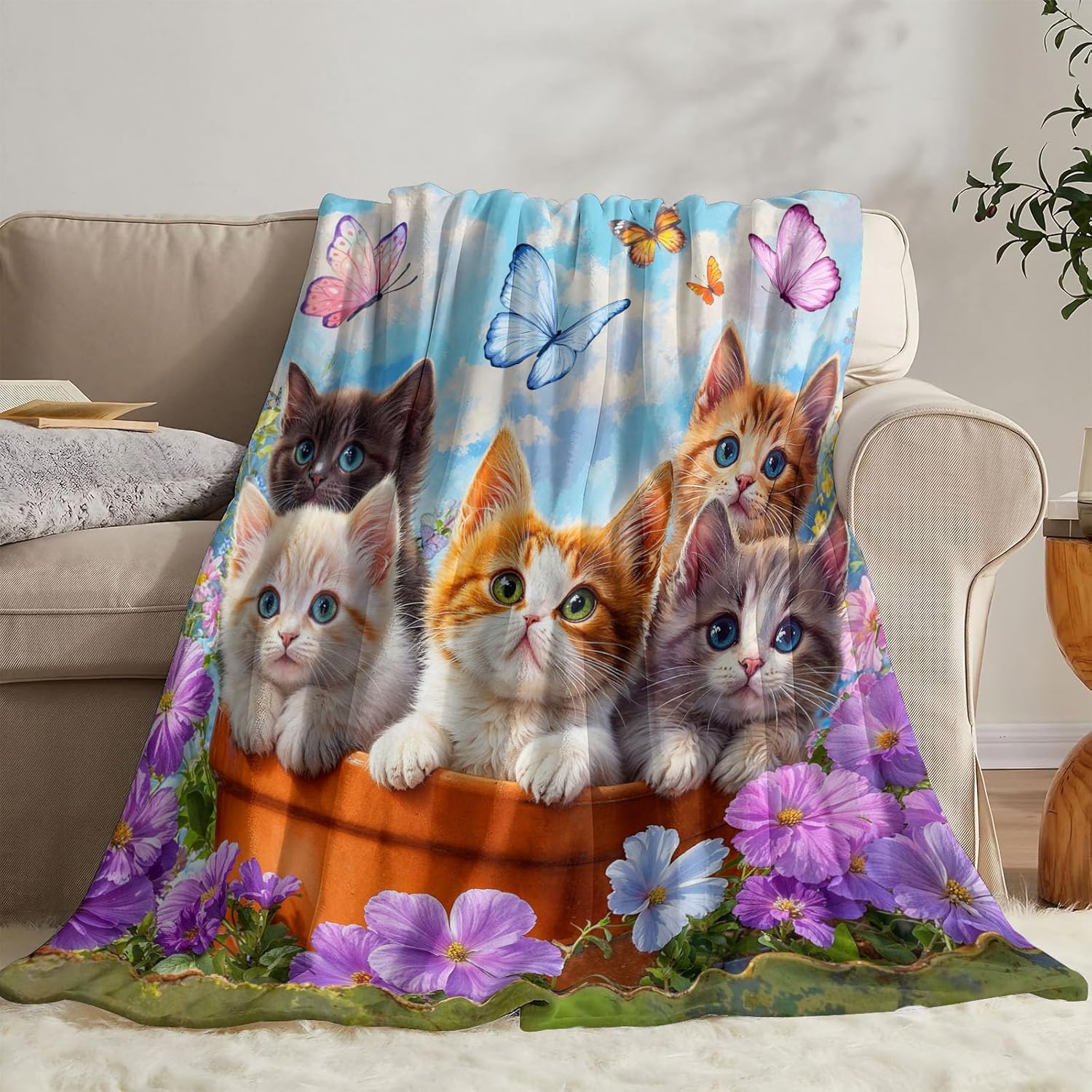 Yeoiat 猫用スローブランケット、かわいいブランケット、ソファベッド用装飾ブランケット、猫好きへのギフトピンクブルー 50&times;60