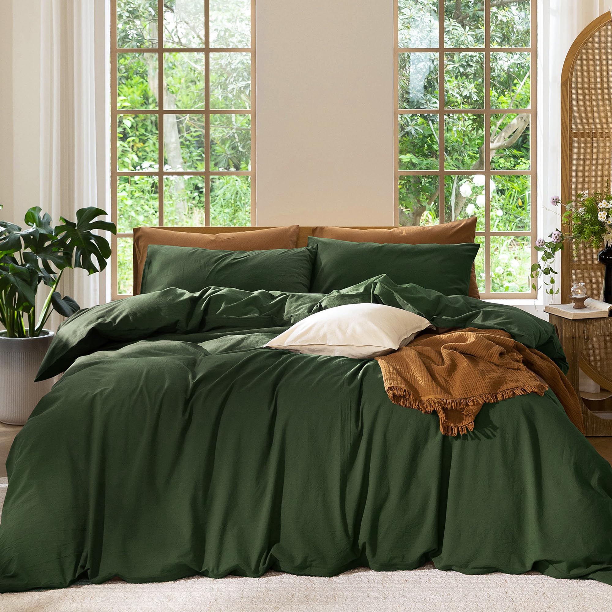 MooMee Bedding Duvet Cover Set 100% Washed Cotton Linen Like Textured Breathable Durable Soft Comfy (Solid Forest Green, Super Queen 90"x98")
