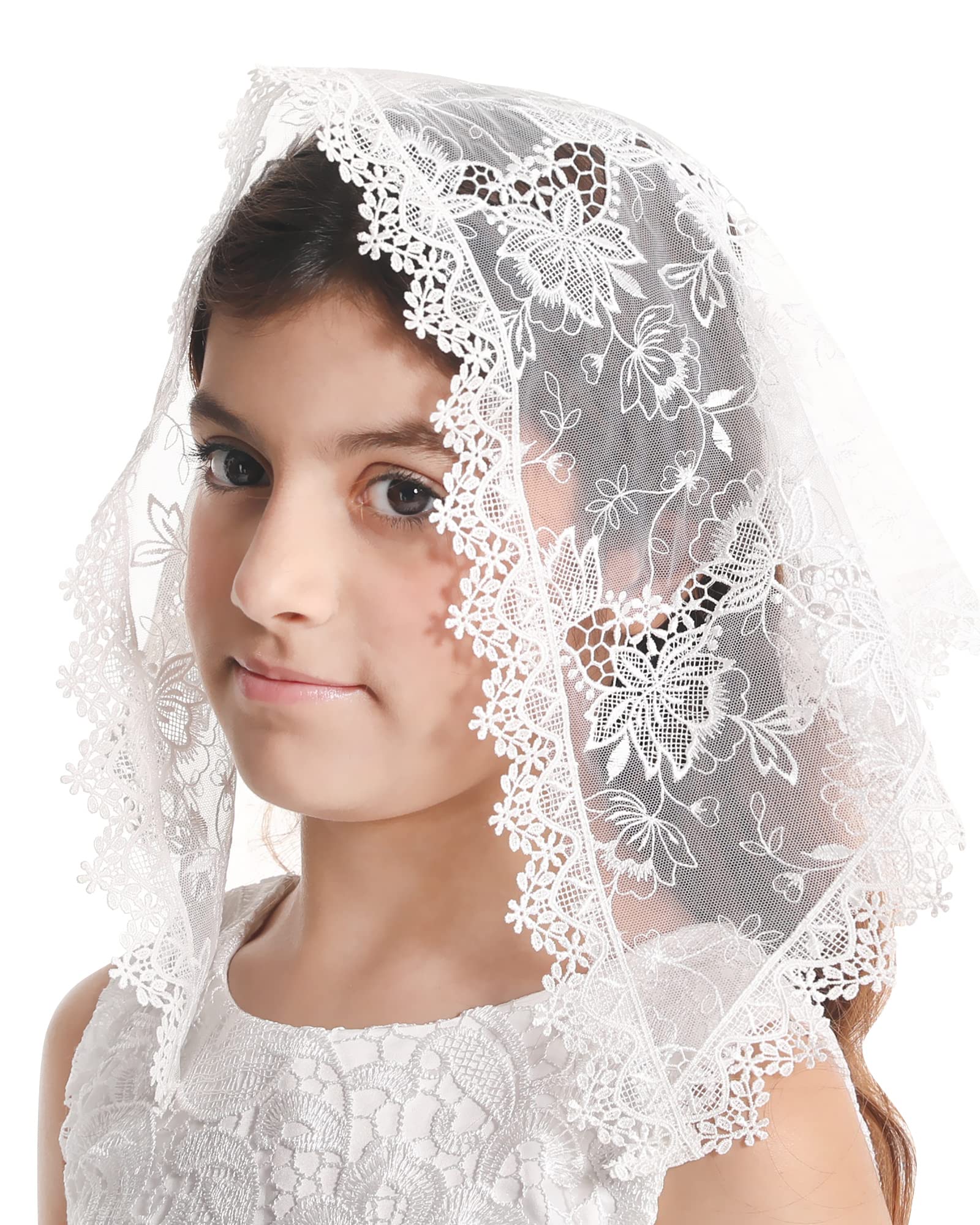 Mantveil Girls First Communion Veil: Short Triangle Catholic Chapel Mass Headpiece Church Lace Flower Girl Head Covering, Style2: White