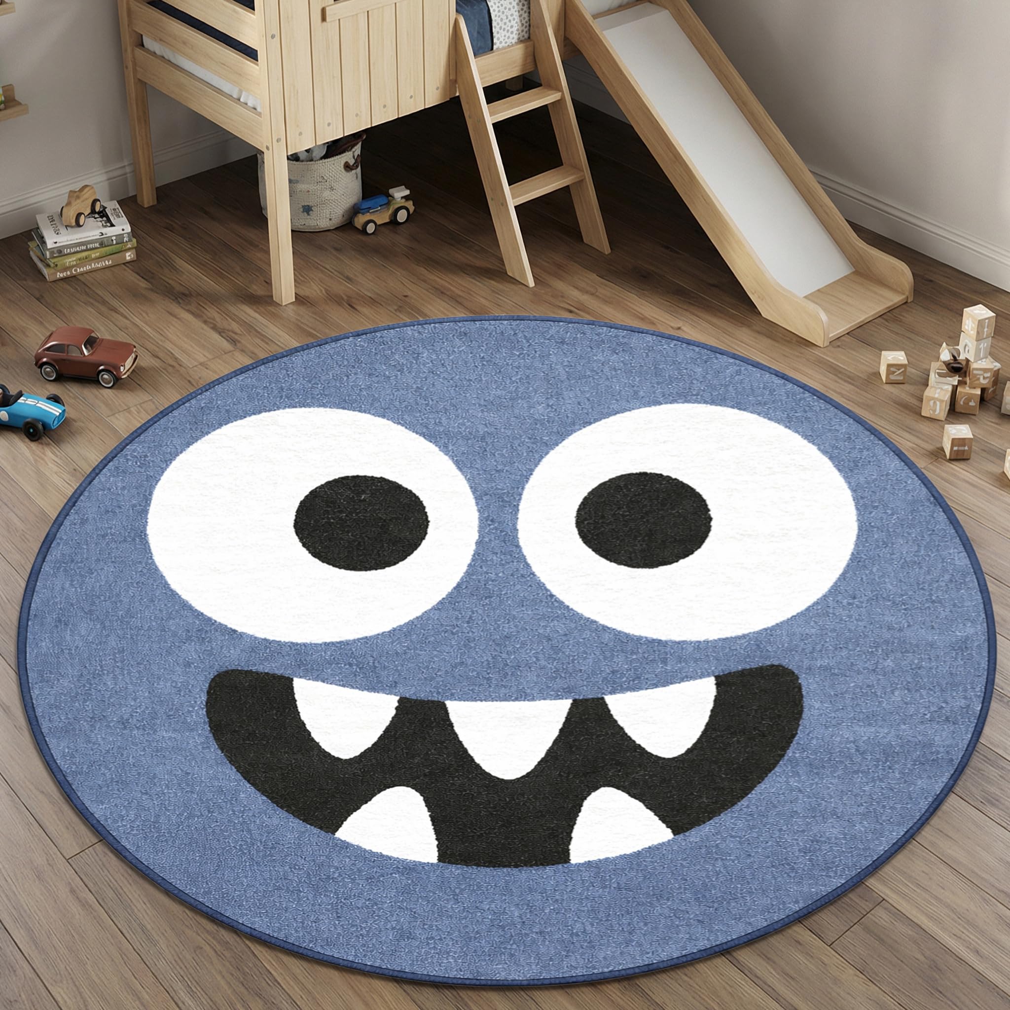 Teppich-Traum Kinderteppich mit fröhlichem Monster Motiv Cartoon Design weiche Spielfläche pflegeleicht strapazierfähig runder Kinderteppich ideal für Kinderzimmer Blau 120 cm Rund