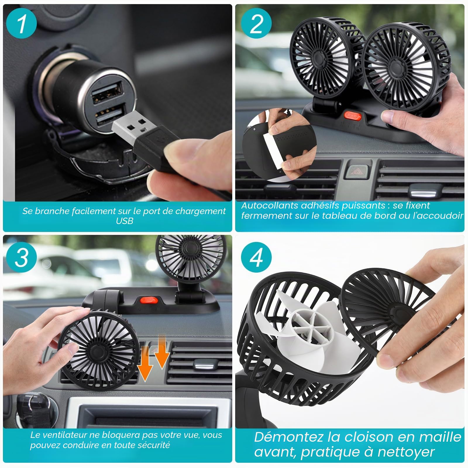 Ventilateur Double Têtes 5V USB Ventilateur de Véhicule Ventilateur de Bureau, Rotation à 360 Degrés Ventilateur de Refroidissement Avec 2 Vitesses, Ventilateur portable Voiture pour Bureau Maison
