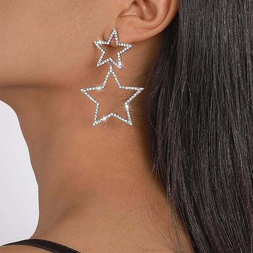 Miniatura 3 de Juego de collar y aretes de estrella dorada y plata para mujer, 3 piezas de collar de estrella pulida e hipoalergénico de cristal dorado con borlas