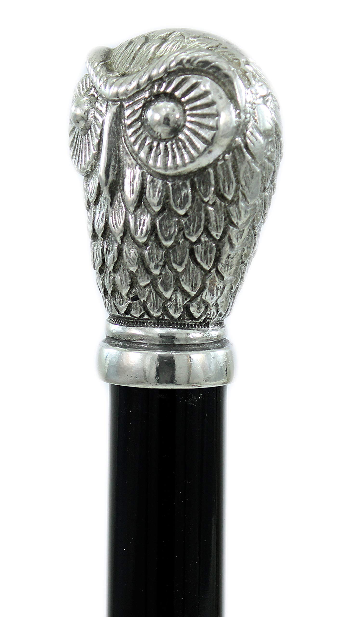 Canne de Marche élégante avec tête de Chouette personnalisée pour cérémonie, pour Homme et Femme âgée | Canne de Marche de cérémonie en Bois Noir et étain, Collection Vintage de Luxe | Cavagnini