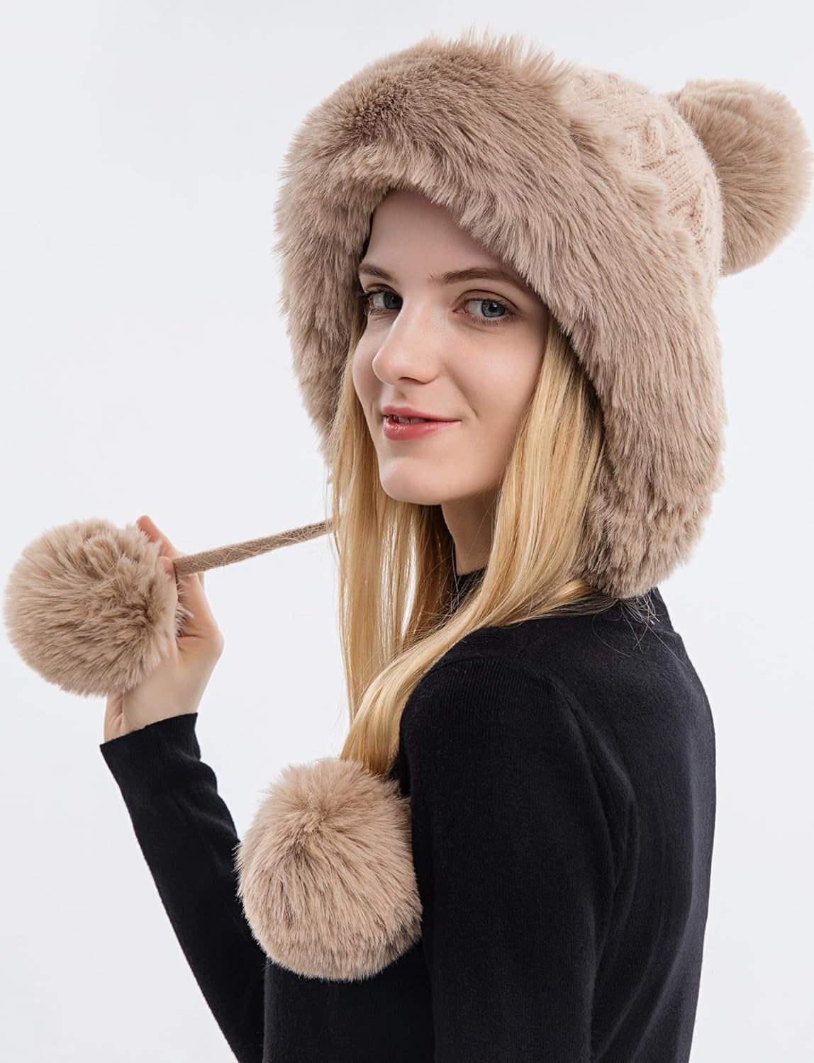 Womens Beanie Winter Hats Warm Pompom Faux Fur Crochet Skull Ear Cap