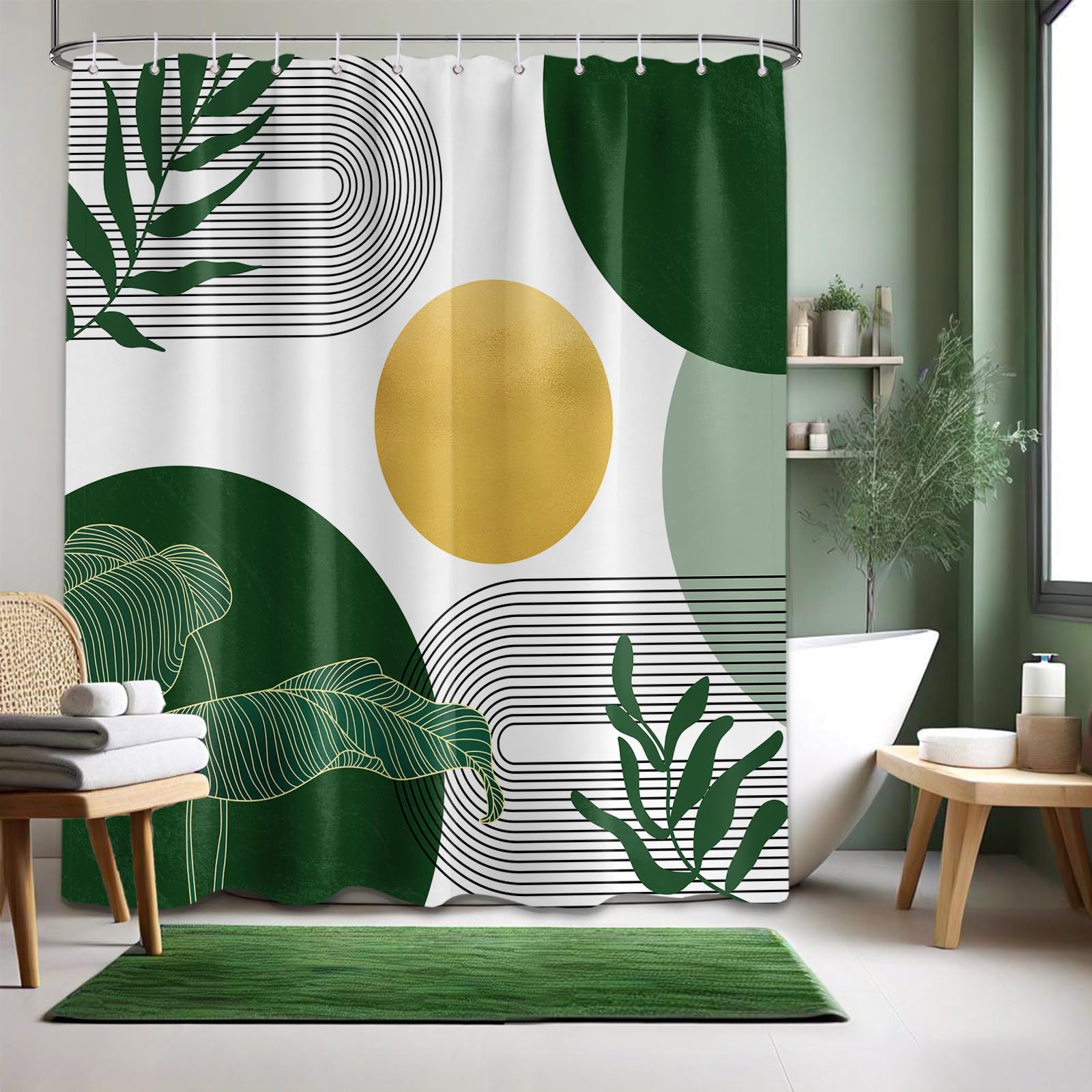 LanZanthic Dark Green and White Shower Curtains for Bathroom Olive Gold Emerald Mid Century Boho Wet Room Shower Curtain with hooks, Mould Proof Resistant, Waterproof, Washable, Fabric, 180 x 180 cm