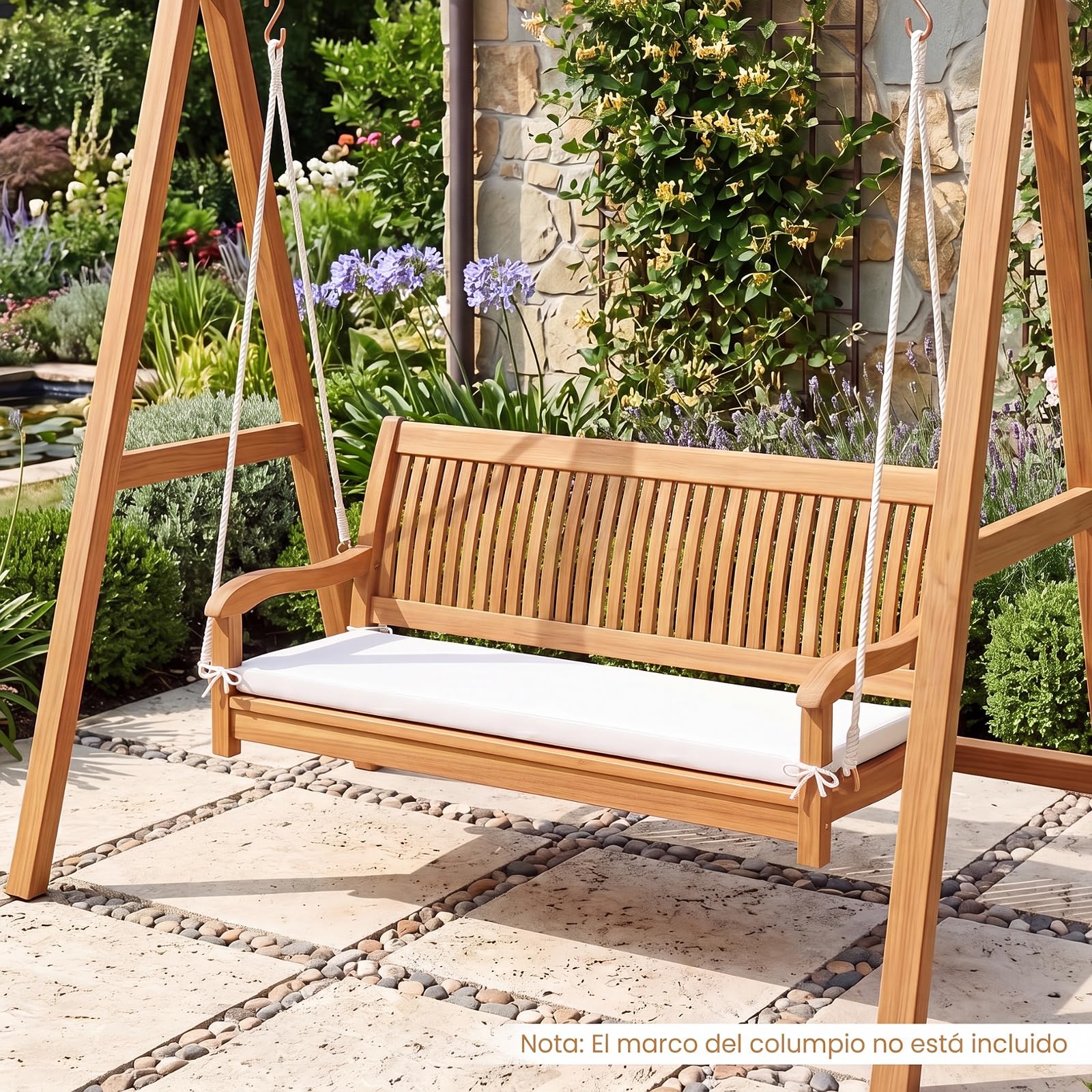 COSTWAY Banco Columpio de Jardín de 2 Plazas, Banco Colgante de Madera de Acacia con Cojín, Ganchos en S, Asiento de Listones, Respaldo y Reposabrazos, Silla Colgante para Exterior Patio, Carga 360 kg