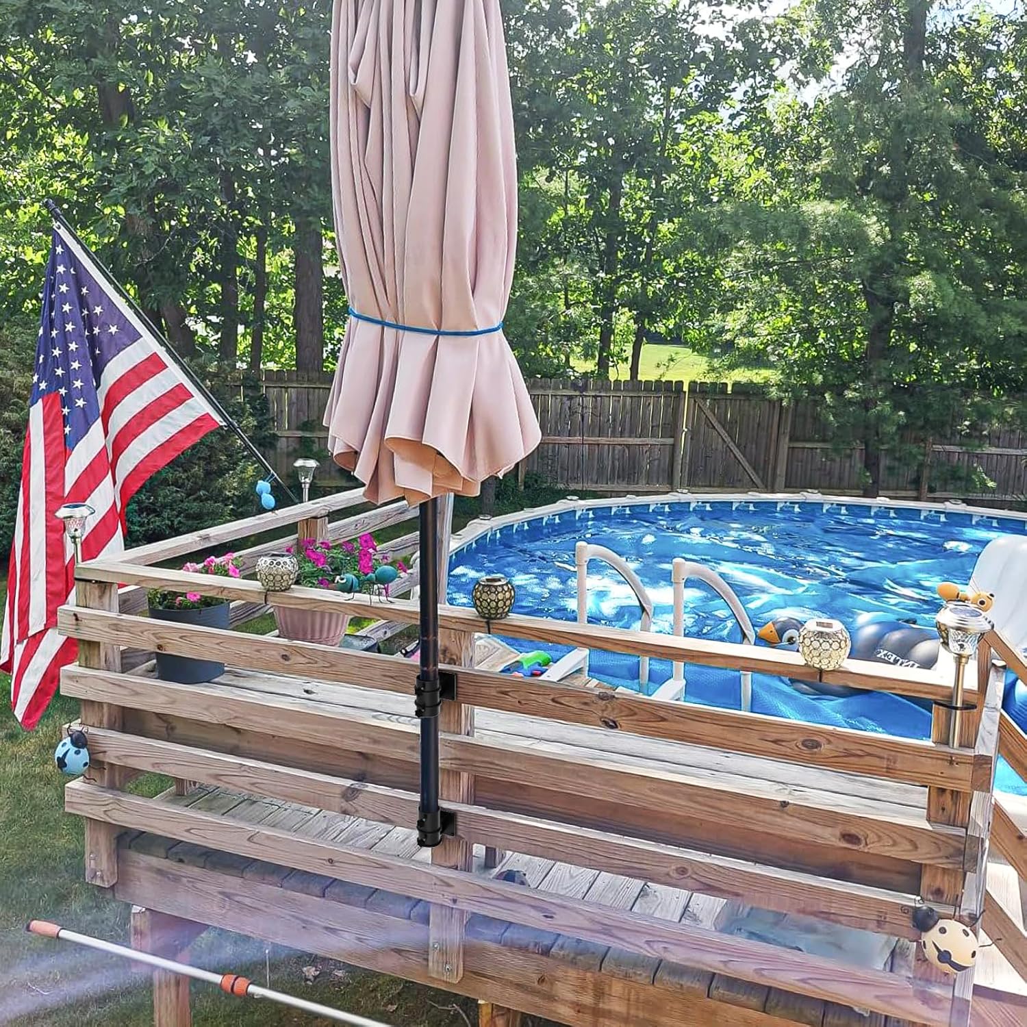 Heavy Duty Patio Umbrella Holder Flat Mount Umbrella Clamp Mount Bracket Stainless Steel Umbrella Deck Mount for Railing or Deck in Patio and Courtyard Fits Max OD 2"(2 Pcs, Black)